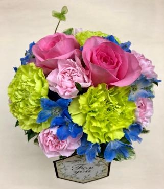 御祝アレンジメントです！こん盛りとしてて可愛い感じ♪｜「花の香花園」　（愛知県犬山市の花キューピット加盟店 花屋）のブログ